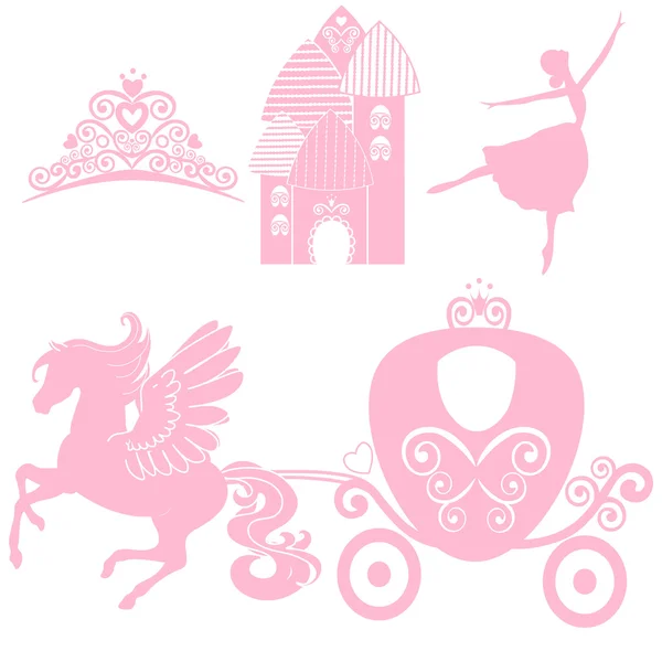 Cinderella set of collections. Crown, Vector illustration. design elements for little Princess, glamour girl. cards for birthday, wedding invitation. the carriage, the Palace, Pegasus, dancing, tiara. Stock Vector