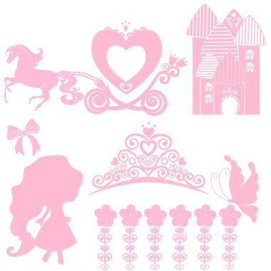 Cinderella koleksiyon kümesi. Taç, vektör çizim. Küçük Prenses, glamour kız için tasarım öğeleri. davet düğün kartları doğum günü için. taşıma, Saray, Pegasus, dans, taç.