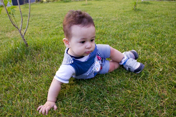 Geluk grappig jongetje zittend op het gras in het veld. weinig in het voorjaar of zomer park de in zonnige dag. — Stockfoto