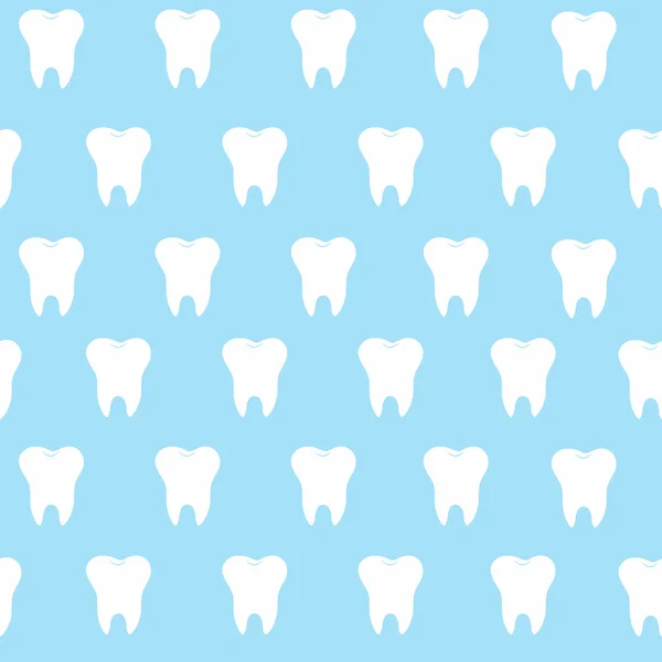 Simple cartoon tooth pattern hite silhouette on a blue background, teeth, vector illustration icon, logo first tooth. Medical dental office symbols. Care for the oral cavity, dental health — Stock Vector