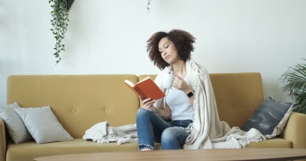 Hermosa joven afroamericana leyendo un libro acostada cómodamente sobre su espalda en un sofá en la sala de estar en sus pantalones vaqueros. Vídeo en cámara lenta. Primer plano material de archivo. — Vídeo de stock