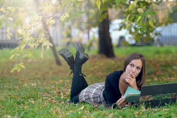 Jonge vrouw werkt voor een laptop in het park. de student bereidt zich voor op examens — Stockfoto