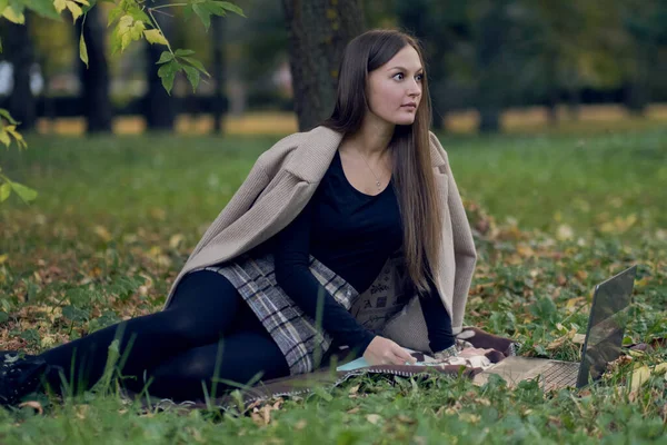 Jonge vrouw werkt voor een laptop in het park. de student bereidt zich voor op examens — Stockfoto