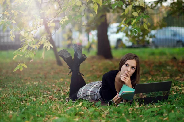 Jovem trabalha para um laptop no parque. o estudante está se preparando para exames — Fotografia de Stock