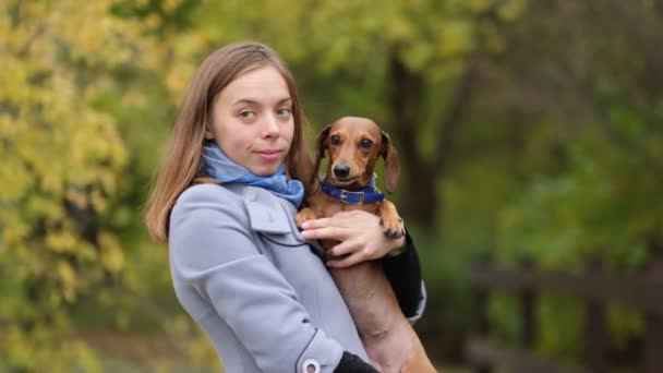 Lächelnde Dame, die sich Zeit mit ihrem Hund nimmt. Frau entspannt sich in der Natur mit ihrem kleinen Hund. Sie kratzt sich am Rücken. Hund leckt seiner Besitzerin Nase. Zeitlupe in Großaufnahme — Stockvideo