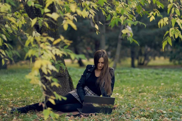 Egy fiatal nő egy laptopnak dolgozik a parkban. A diák vizsgákra készül. — Stock Fotó