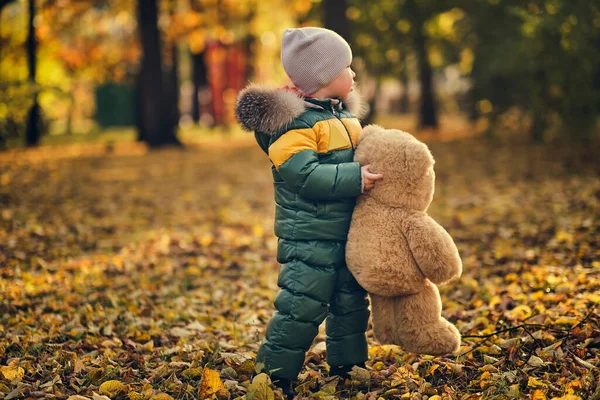 Cute little boy playing outdoors. Happy child walking in autumn park. Toddler baby boy wears trendy jacket. Autumn fashion. Stylish child outside. — Stock Photo, Image