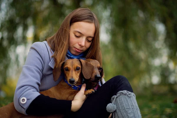 笑顔の女性は彼女の犬と自由な時間を取っている。彼女の小さな犬と自然の中でリラックスした女性。背中を引っ掻いて。犬は彼女の所有者の鼻を舐め. — ストック写真