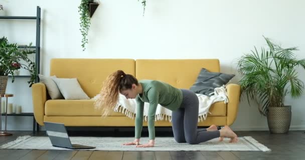 Treinamento de ioga fitness esporte on-line. mulher jovem e fazendo exercícios em frente laptop em casa. Asanas de ioga. mulher praticando ioga conceito equilíbrio natural entre corpo e desenvolvimento mental. — Vídeo de Stock