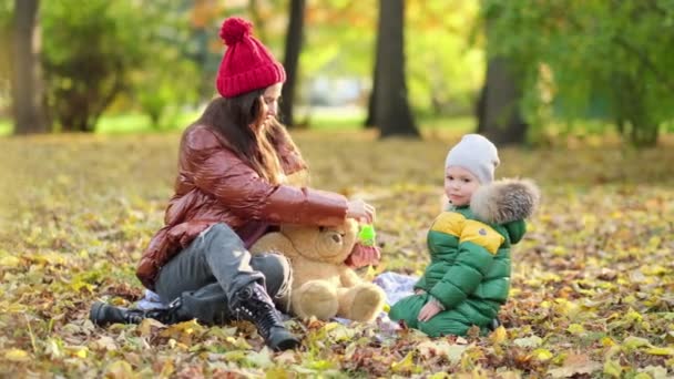 Mamá joven o niñera están jugando en el parque. Mamá sopla burbujas de jabón. caminar en el otoño en la naturaleza. familia feliz. Vista de cerca. Vídeo en cámara lenta. material de archivo — Vídeos de Stock