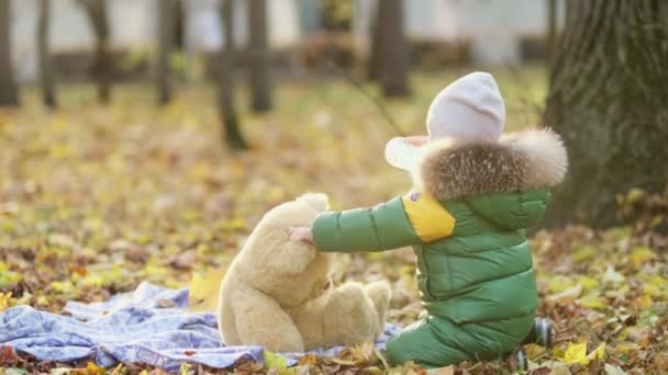 Un ragazzino che gioca con un peluche nel parco. divertente bambino otty in un caldo piumino e il suo orsacchiotto. vista da vicino. Video al rallentatore. stock di filmati — Video Stock