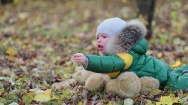 Küçük çocuk parkta pelüş bir oyuncakla oynuyor. Ilık ceketli komik bebek su samuru ve oyuncak ayısı. Manzarayı kapat. Yavaş çekim videosu. depolama görüntüleri