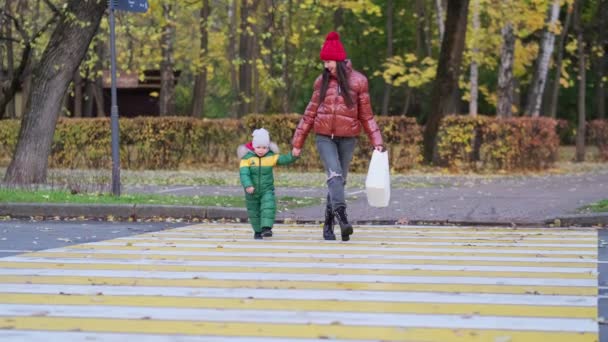 Mutter und kleines Kind überqueren die Straße auf dem Zebrastreifen. Fußgängersicherheit in der Großstadt. 4k Archivmaterial. Nahaufnahme-Video. Zeitlupenvideo. — Stockvideo