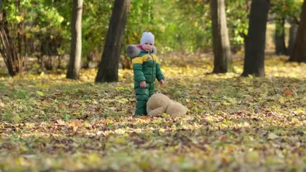 Un ragazzino che gioca con un peluche nel parco. divertente bambino otty in un caldo piumino e il suo orsacchiotto. vista da vicino. Video al rallentatore. stock di filmati — Video Stock