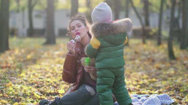 Jovem mãe ou babá estão brincando no parque. A mãe sopra bolhas de sabão. andar no outono sobre a natureza. família feliz. vista de perto. Vídeo em câmara lenta. imagens de stock — Vídeo de Stock