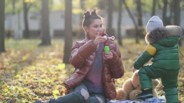 Genç anne ya da dadı parkta oynuyorlar. Annem sabun köpüğü üflüyor. Sonbaharda doğada yürümek. Mutlu bir aile. Manzarayı kapat. Yavaş çekim videosu. depolama görüntüleri