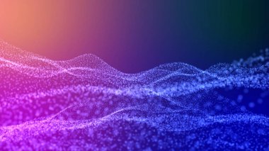 Bulanık bokeh dalgaları parçacıkları. Koyu bir arka planda menekşe mavisi gradyan. Güzel soyut bir arka plan. Teknoloji parçacık alanı evreni soyut dijital dalga.