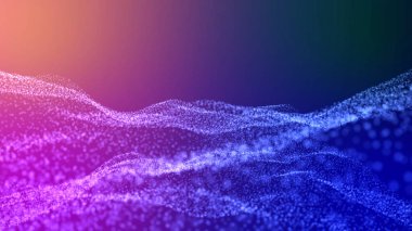 Bulanık bokeh dalgaları parçacıkları. Koyu bir arka planda menekşe mavisi gradyan. Güzel soyut bir arka plan. Teknoloji parçacık alanı evreni soyut dijital dalga.