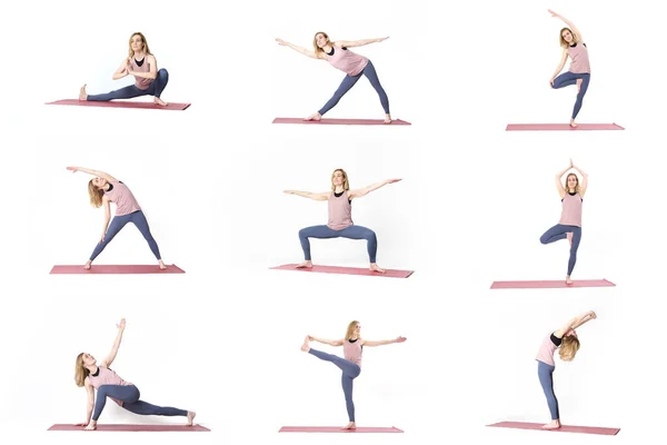 Conjunto de fotos mulher praticando ioga, fundo branco. Conceito desportivo. colagem de várias fotos. bela mulher magra em diferentes poses de ioga — Fotografia de Stock