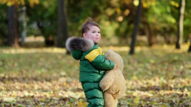 Petit garçon jouant avec un jouet en peluche dans le parc. drôle bébé otty dans une doudoune chaude et son ours en peluche. vue rapprochée. Vidéo au ralenti. images de stock — Video