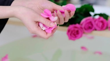 Kadın elleri banyoya gül yaprakları döküyor. Lüks Beyaz Mermer Banyo Pembe Gül ile Banyo Akan Su. Otelde romantik bir hafta sonu..