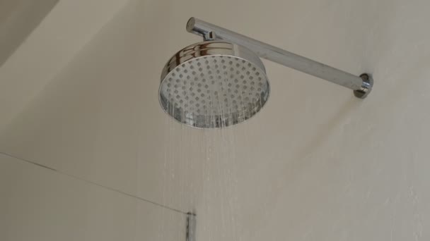 Detail vody tekoucí ze sprchy v koupelně interiéru. tekoucí voda ze sprchového kohoutku. — Stock video