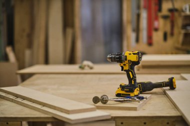 carpenter tools background. old joinery no people industrial. carpenters table with furniture details clipart