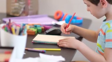 Programından öğren. Uzaktan öğrenme çevrimiçi eğitim. Bir okul çocuğu evde ders çalışır ve okul ödevi yapar. Evden öğrenme.