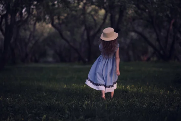 Вид сзади девушки в синем платье бегает босиком по парку. сказочный таинственный лес — стоковое фото
