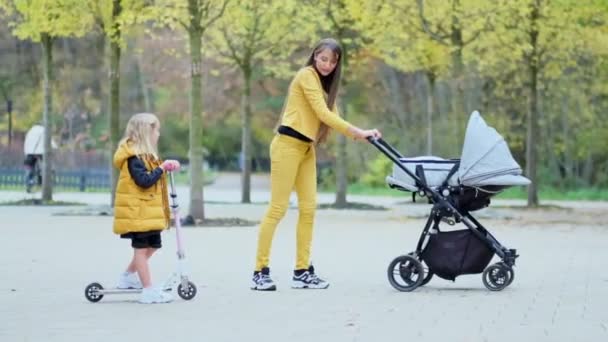 Kobieta z dwójką dzieci spacerująca po parku. Pojęcie macierzyństwa, mama z wózkiem na jesieni — Wideo stockowe