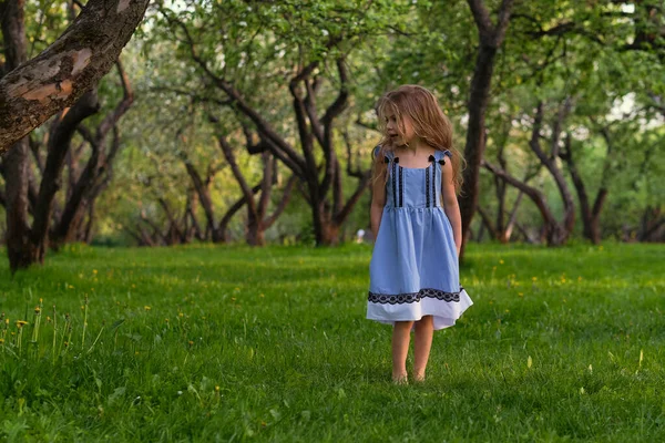 Kleines Mädchen läuft barfuß auf dem Gras. glückliches Kind an einem heißen Sommertag. — Stockfoto