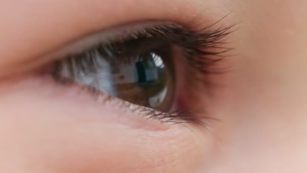 Makroaufnahme brauner Augen eines Kindes. Nahsicht, weicher Fokus. Zeitlupenvideo. Archivbild — Stockvideo