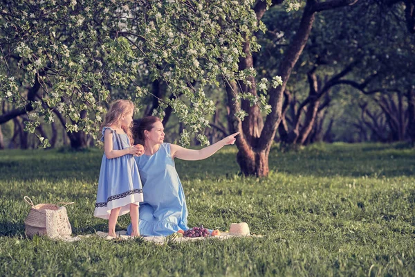 Cena da natureza com estilo de vida familiar ao ar livre. Mãe e filha brincando juntas em um parque. Feliz conceito de família. Felicidade e harmonia na vida familiar. — Fotografia de Stock