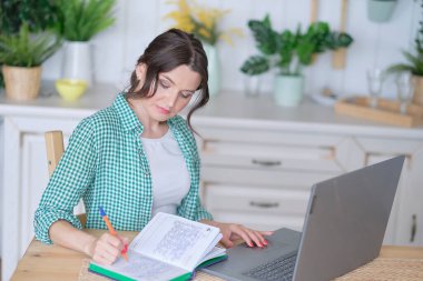Masada oturan bir kadın dizüstü bilgisayarda çalışıyor. Evden uzaktan kumanda konsepti. Mutfaktaki ev ofisi. profesyonel serbest çalışan.