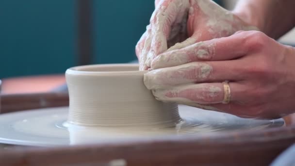 Le mani femminili vicine fanno piatti da argilla. le mani delle donne che lavorano sulla ruota dei vasai. Il mastro vasaio lavora in un laboratorio — Video Stock