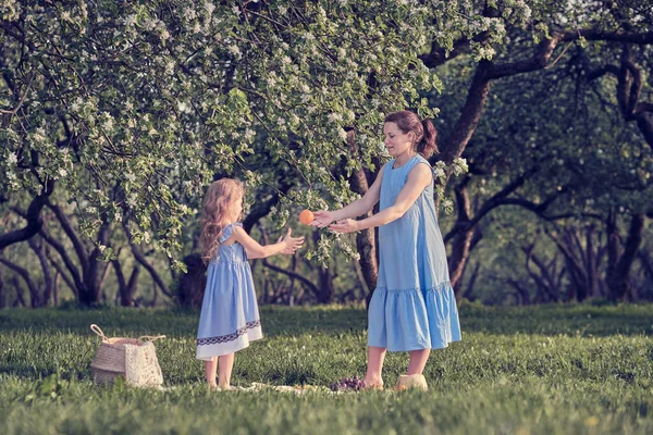 Přírodní scéna s rodinným venkovním životním stylem. Matka a dceruška si spolu hrají v parku. Šťastný rodinný koncept. Štěstí a harmonie v rodinném životě. — Stock fotografie