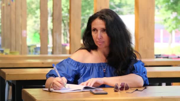 Krásná sebevědomá žena v modrých šatech zapíše své myšlenky do deníku — Stock video