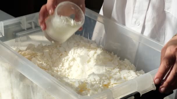 ろうそく作りのための白い大豆ワックスフレーク 大豆ワックスフレークの軽い食感 自家製キャンドルの材料 生態系 — ストック動画