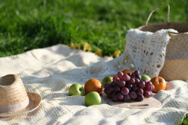 Yemek, tatil ve kutlama konsepti. Piknik septine yakın şampanya şişesi ve yaz kumsalında Fransız ekmeği.