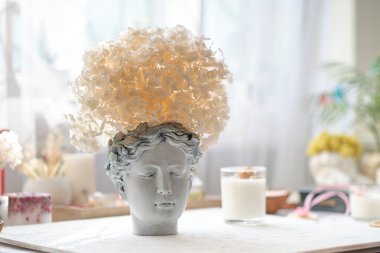 Kurumuş ortanca çiçeklerinin dikenli saç stili olarak saksı bitkisi olan insan büstü.