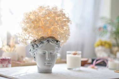 Kurumuş ortanca çiçeklerinin dikenli saç stili olarak saksı bitkisi olan insan büstü.