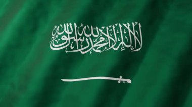 Suudi Arabistan ulusal bayrağının rüzgarda dalgalanan 3D animasyonu. tektanrıcılık cümlesinin yeşil renk ve Arapça betiği, marş ve ulusal temalar için uygun kusursuz döngü arkaplanı