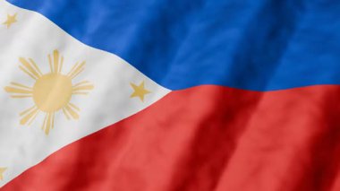 Filipinler bayrağı kusursuz bir döngü içinde dalgalanıyor. 3D animasyon, 4K hareketli arka plan. Beyaz üçgenli mavi kırmızı çizgiler, altın güneş ve üç yıldız. Ulusal sembol ve bağımsızlık günü kavramı