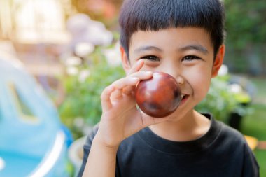 Evdeki bahçede gezegen modellerini tutan mutlu Asyalı küçük çocuğun portresi ve uzay hakkında öğrenme. Çocuk oyuncağı öğrenme konsepti.