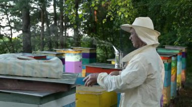 Arıcı, sigara içen birini kullanarak bal çerçevelerini kontrol eder. Koruyucu takım elbiseli bir adam arı kovanını açar ve arıları sakinleştirmek için sigara içen bir adam kullanır. Çerçeveyi bal ve tarakla kontrol eder. Arı bakımı, arıcılık geleneği.