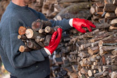 İnce ahşap kütükleri düzgün bir yığın haline getiren bir adam. Bir adamın ellerinin küçük tahta kütükleri istiflediği yakın çekim, onları yakmak için hazırlamak, ısıtma mevsimine hazırlık.