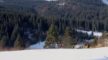 Genç yetişkin kayakçı soğuk kışta huzurlu ve mükemmel havanın tadını çıkarıyor. Kayak merkezindeki mükemmel hazırlanmış kayak pistinde tek başına kayak yapmak