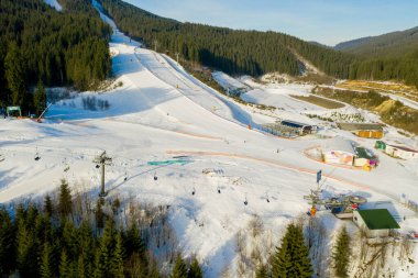 Karpatlar 'da kış tatiline giden çam ağaçlarının arasından kayak ve kar kayağı manzarası..