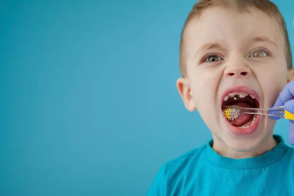Küçük Şirin Çocuk Mavi Arka Planda Dişlerini Fırçalıyor — Stok fotoğraf