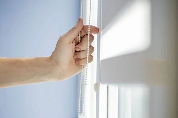 Man Testing Cassette Roller Blinds Windows — Stock Photo, Image